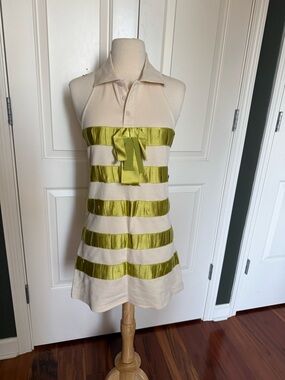 BNWT Area Cream and Olive Green Striped Halter Dress